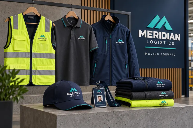 Melbourne Design Studio concept for Meridian Logistics Uniform System, presented as a professional corporate apparel design portfolio example.