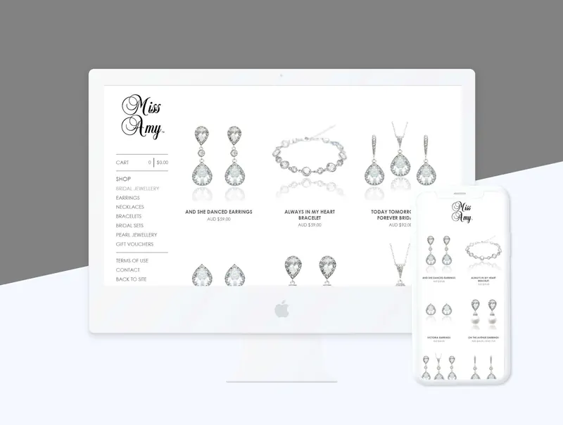 Miss Amy bridal jewellery ecommerce website displaying product categories on desktop and mobile.