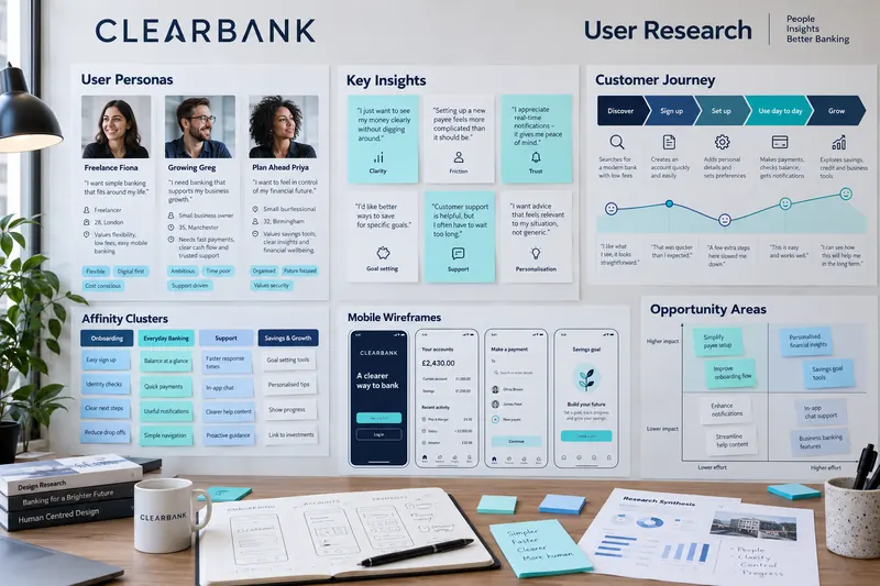 ClearBank UX research board with personas, interview insights, journey mapping and banking wireframes.