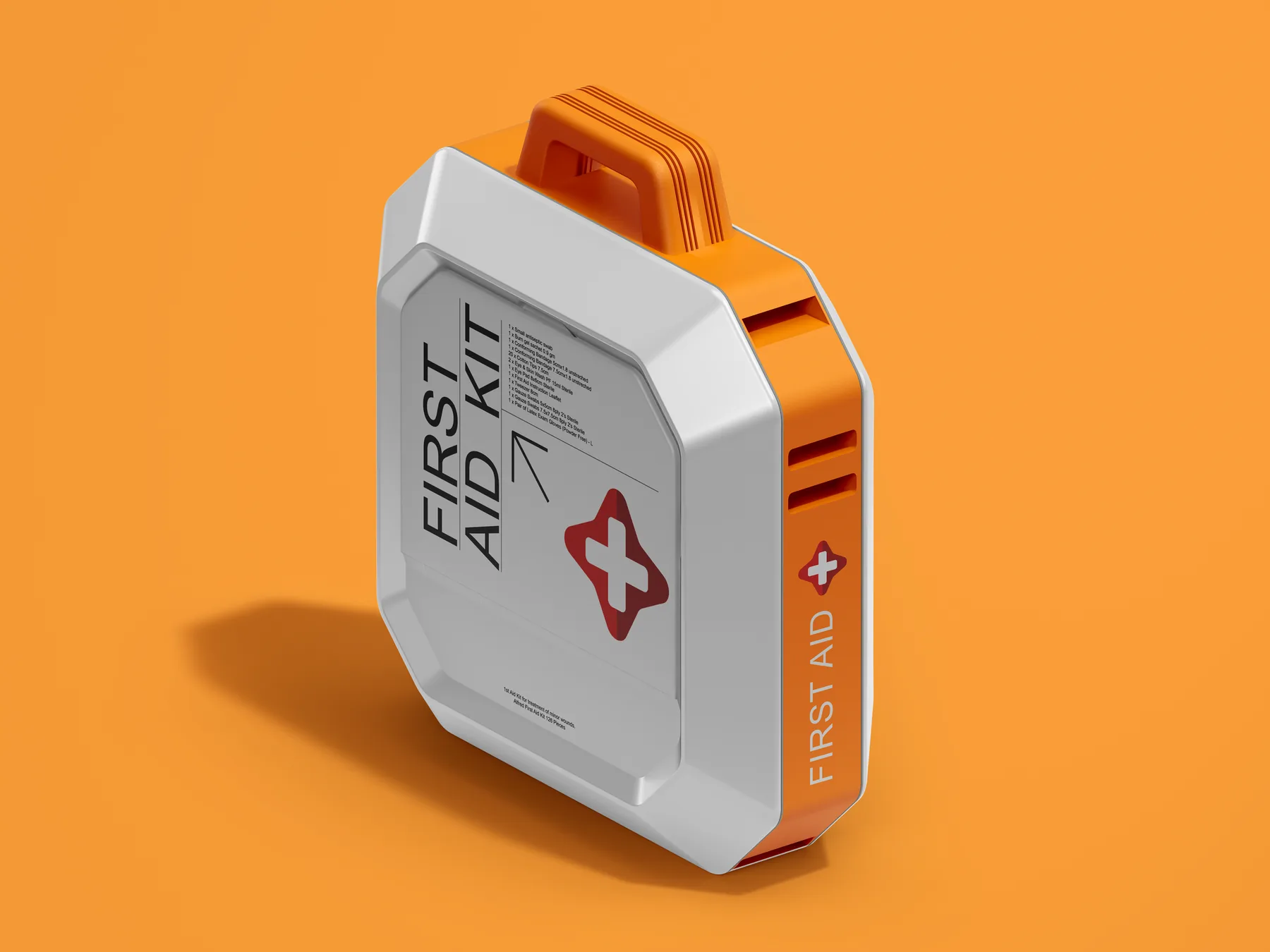 Orange and white portable first aid kit shown in an angled product packaging view.