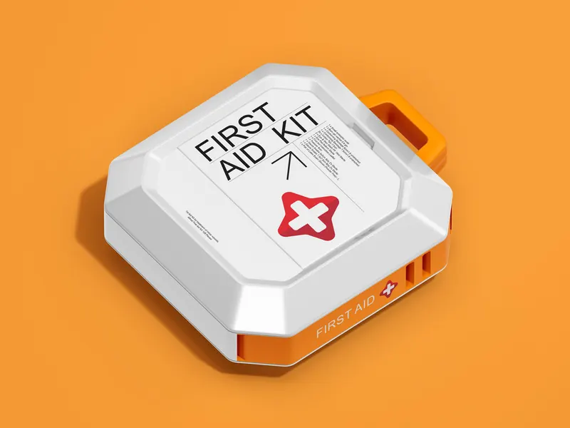 Modern first aid kit displayed from above with a clean typographic information panel.