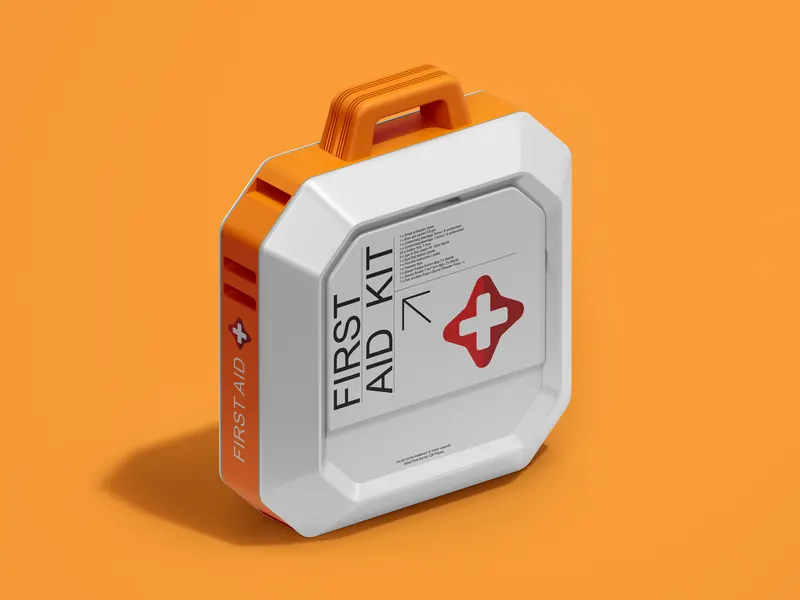 Portable first aid kit with orange handle, white shell and prominent red medical cross.