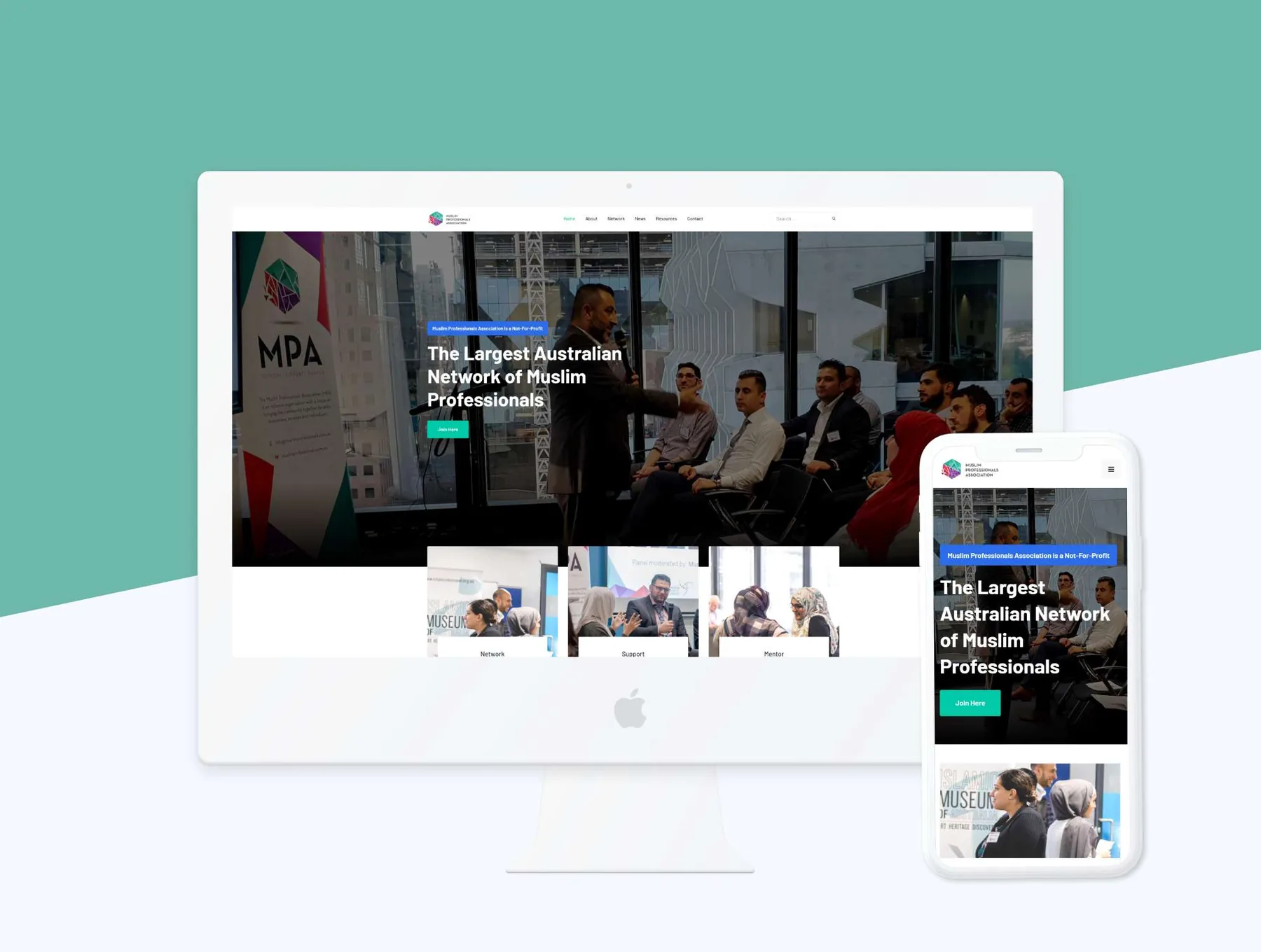 Muslim Professionals Association responsive membership website showing networking and mentoring programs.