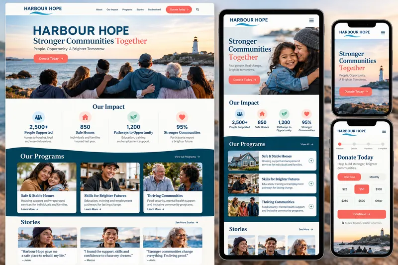 Harbour Hope nonprofit website with community stories, programs, impact metrics and donations.