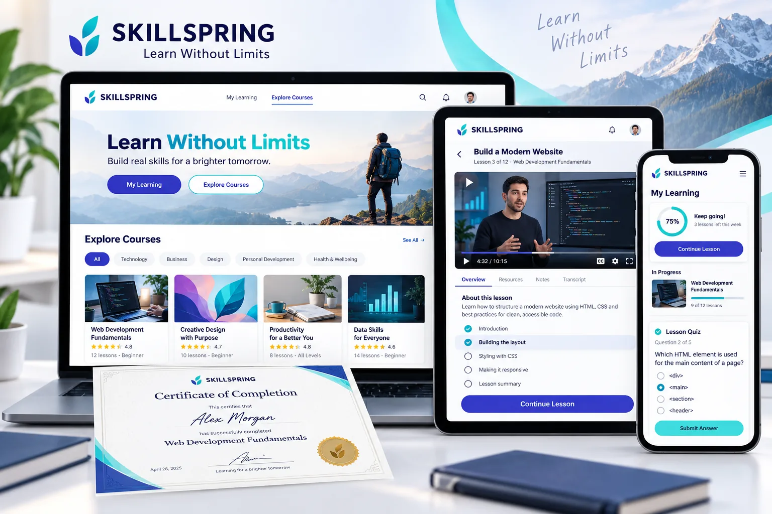 SkillSpring learning platform with courses, lesson player, student dashboard, quizzes and certificates.