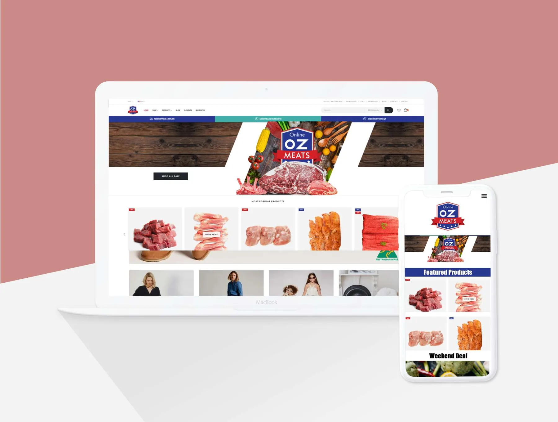 Online OZ Meats responsive butcher ecommerce website with meat products and mobile shopping.