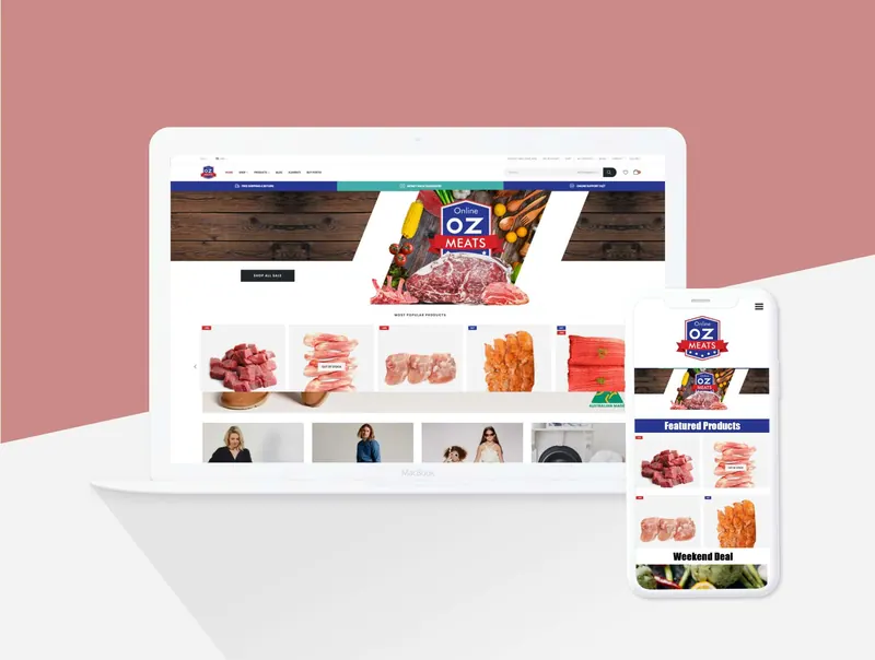 Online OZ Meats responsive butcher ecommerce website with meat products and mobile shopping.
