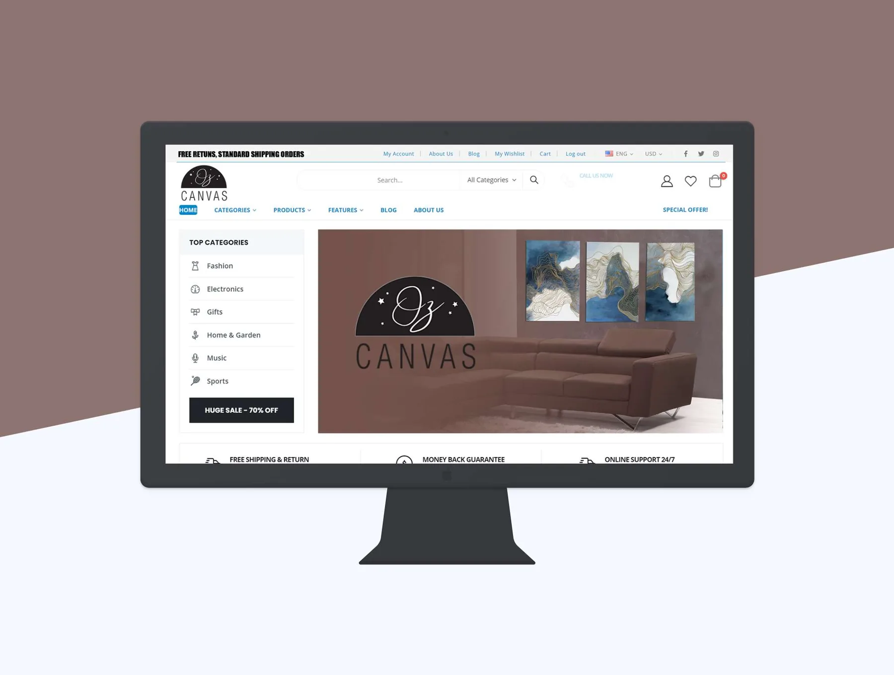 Oz Canvas multi-category ecommerce marketplace homepage displayed on a desktop monitor.