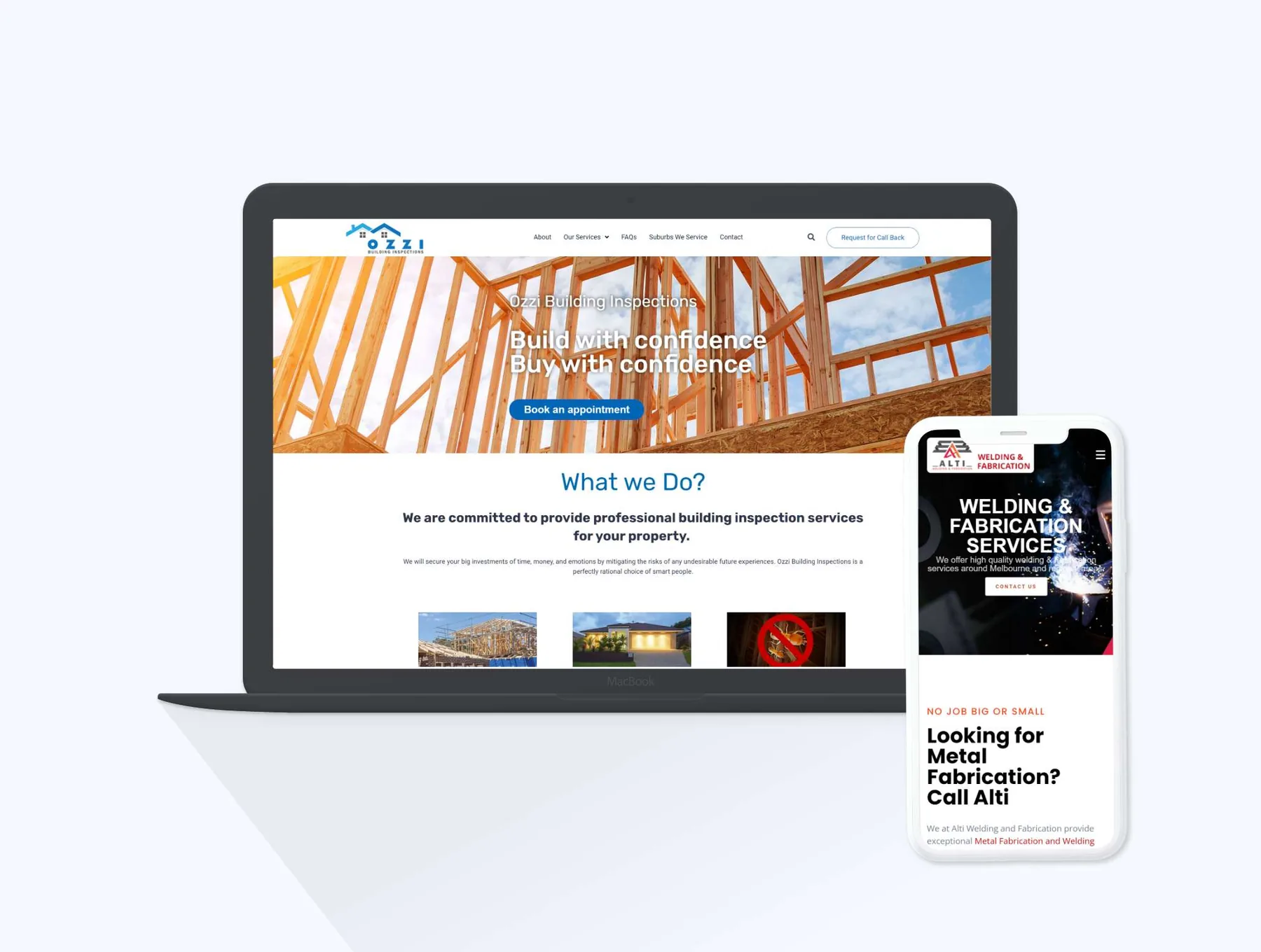 Ozzi Building Inspections responsive website featuring inspection services and appointment booking.