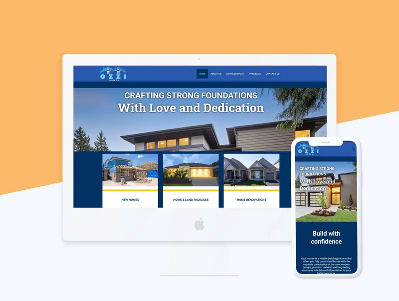 Ozzi Homes responsive builder website showing new homes, land packages and renovation services.