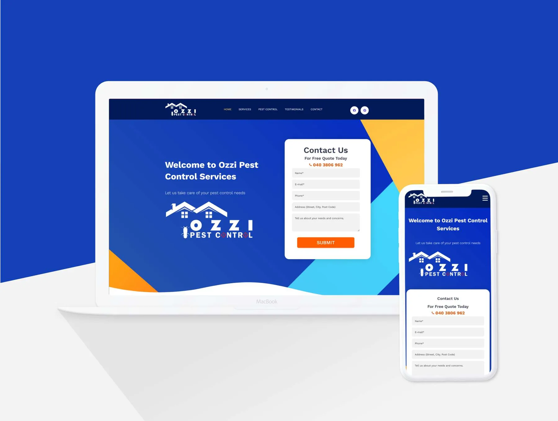Ozzi Pest Control responsive website with contact form and mobile service enquiry experience.