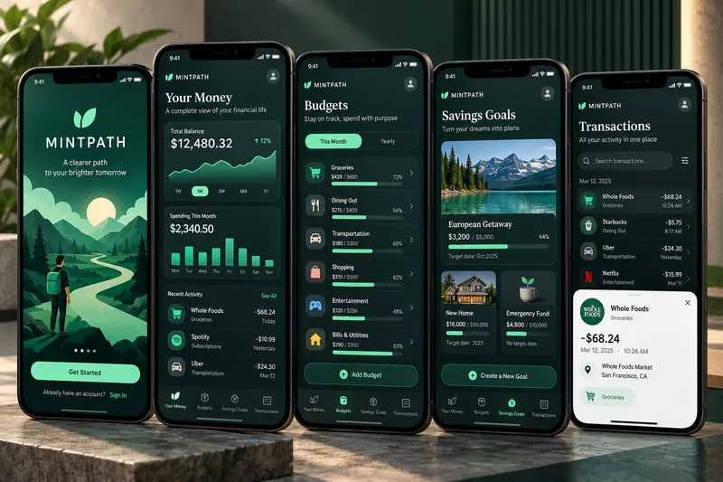 MintPath mobile finance app with budgets, savings goals, spending overview and transactions.