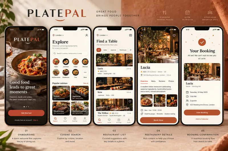 Melbourne Design Studio concept for PlatePal Restaurant App Design, presented as a professional mobile app ui design portfolio example.