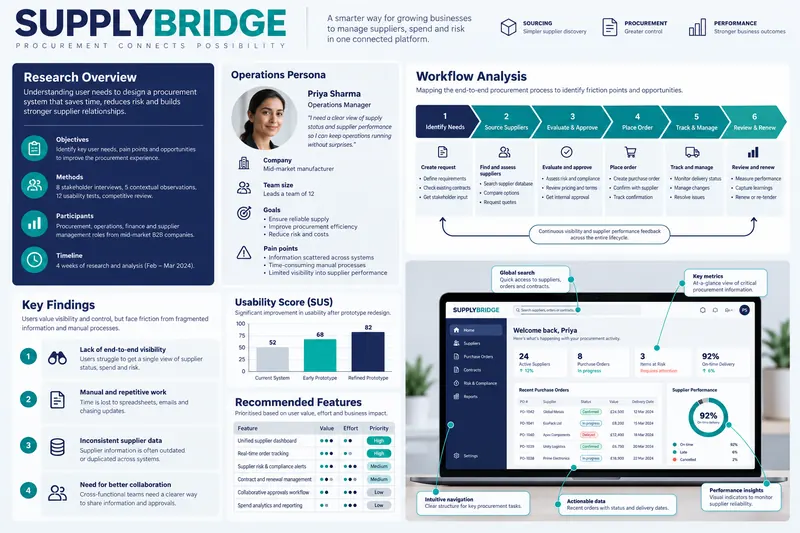 SupplyBridge enterprise research with workflow analysis, usability findings and desktop prototypes.