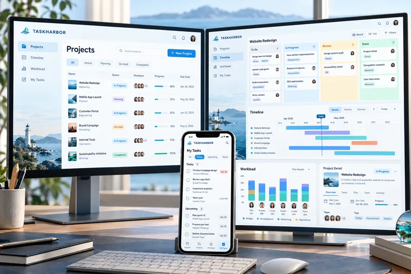 TaskHarbor project software with kanban board, Gantt timeline, team workload and task views.