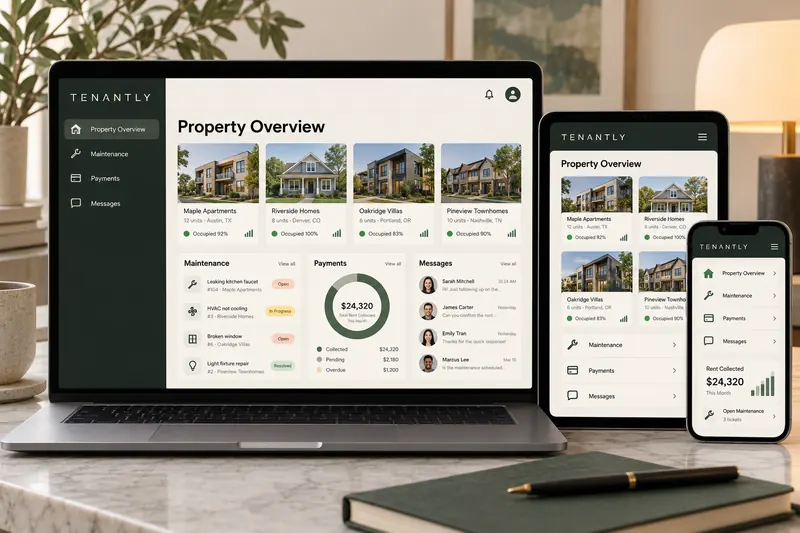 Tenantly responsive property-management dashboard displayed on desktop, tablet and mobile.