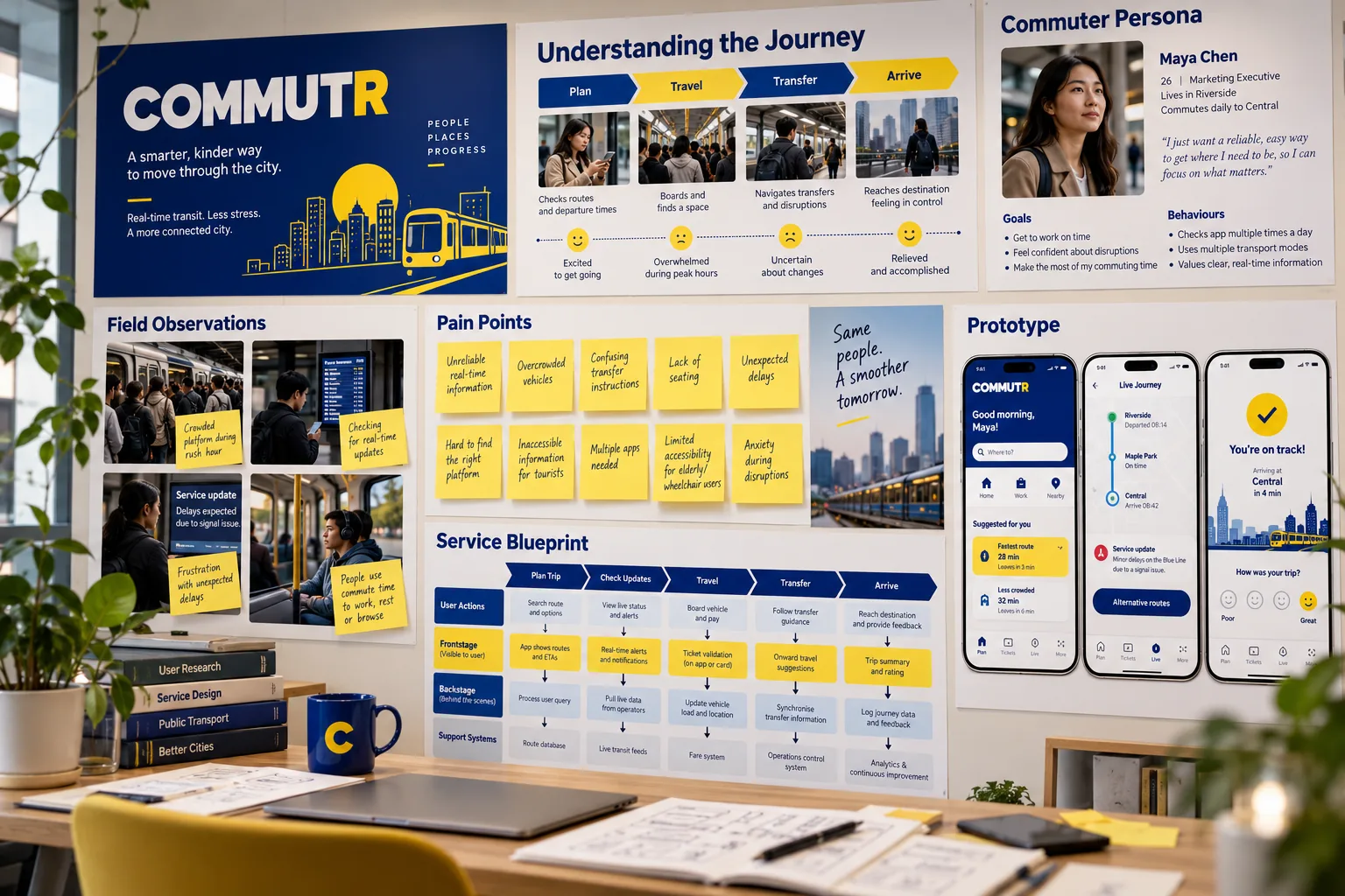 Commutr public-transport research with commuter persona, journey map, field studies and prototype.
