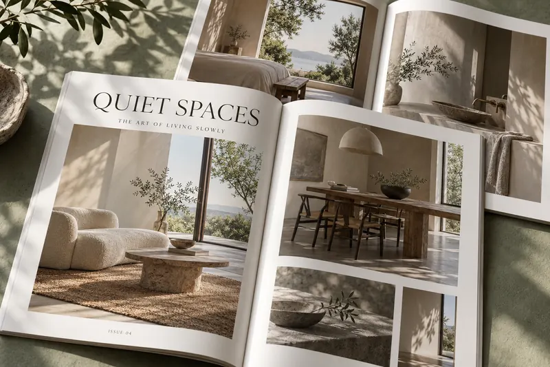 Melbourne Design Studio concept for Quiet Spaces Editorial Spread, presented as a professional editorial and brochure design portfolio example.