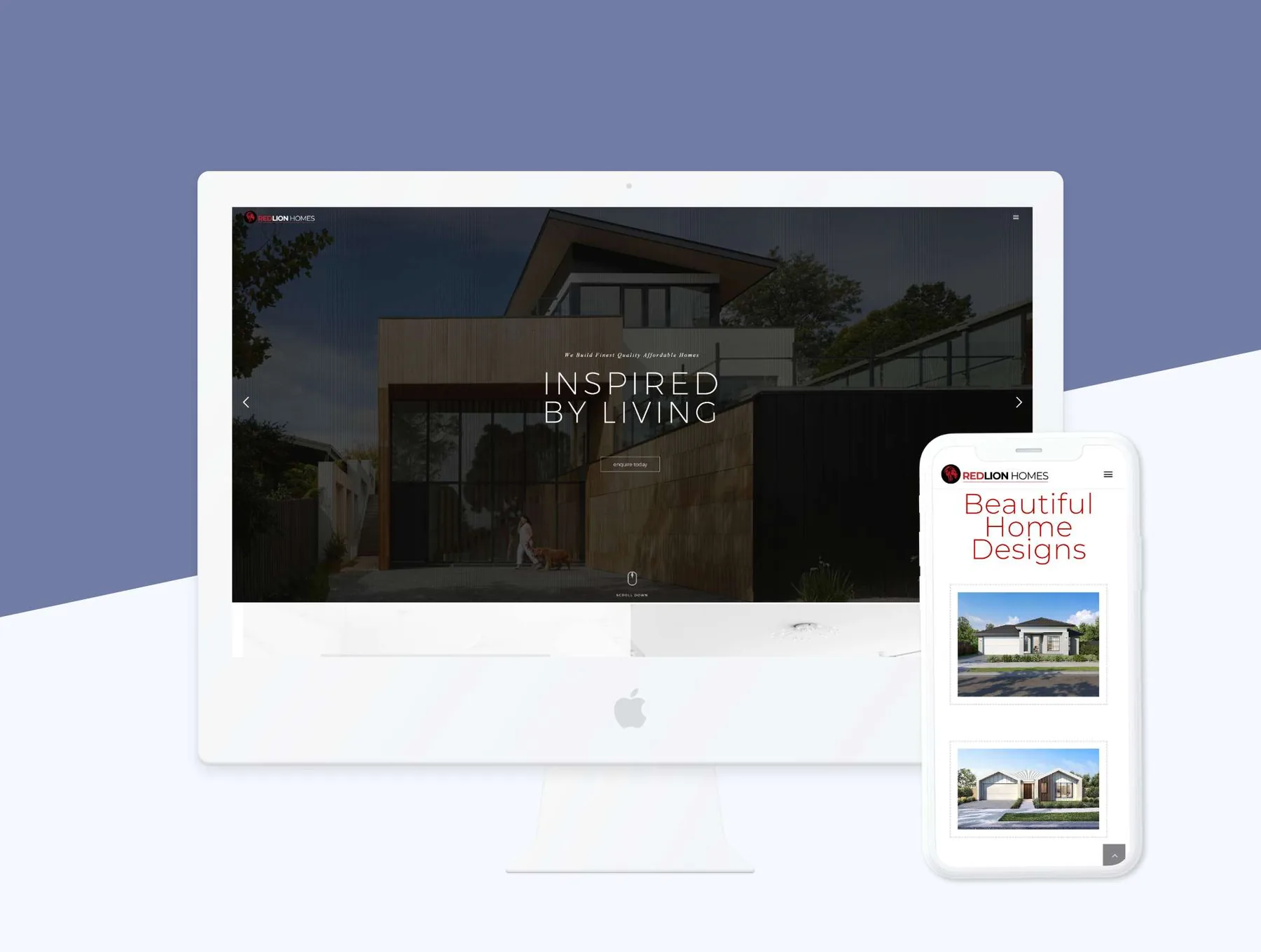 Red Lion Homes responsive builder website with architectural hero imagery and home design gallery.
