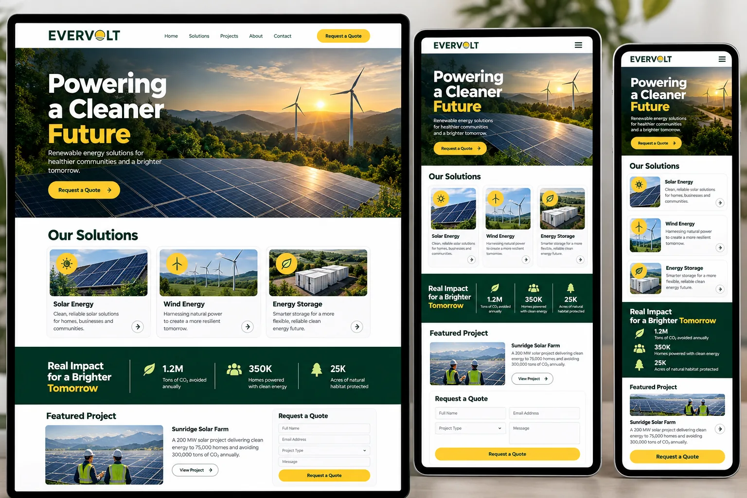 EverVolt responsive renewable-energy website with solutions, projects, impact statistics and quote form.