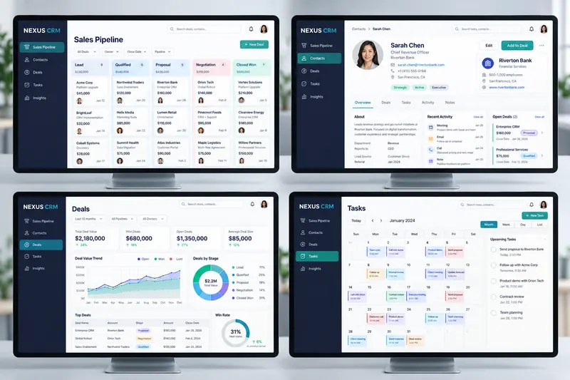 Nexus CRM software interface with sales pipeline, customer profiles, deals, tasks and analytics.