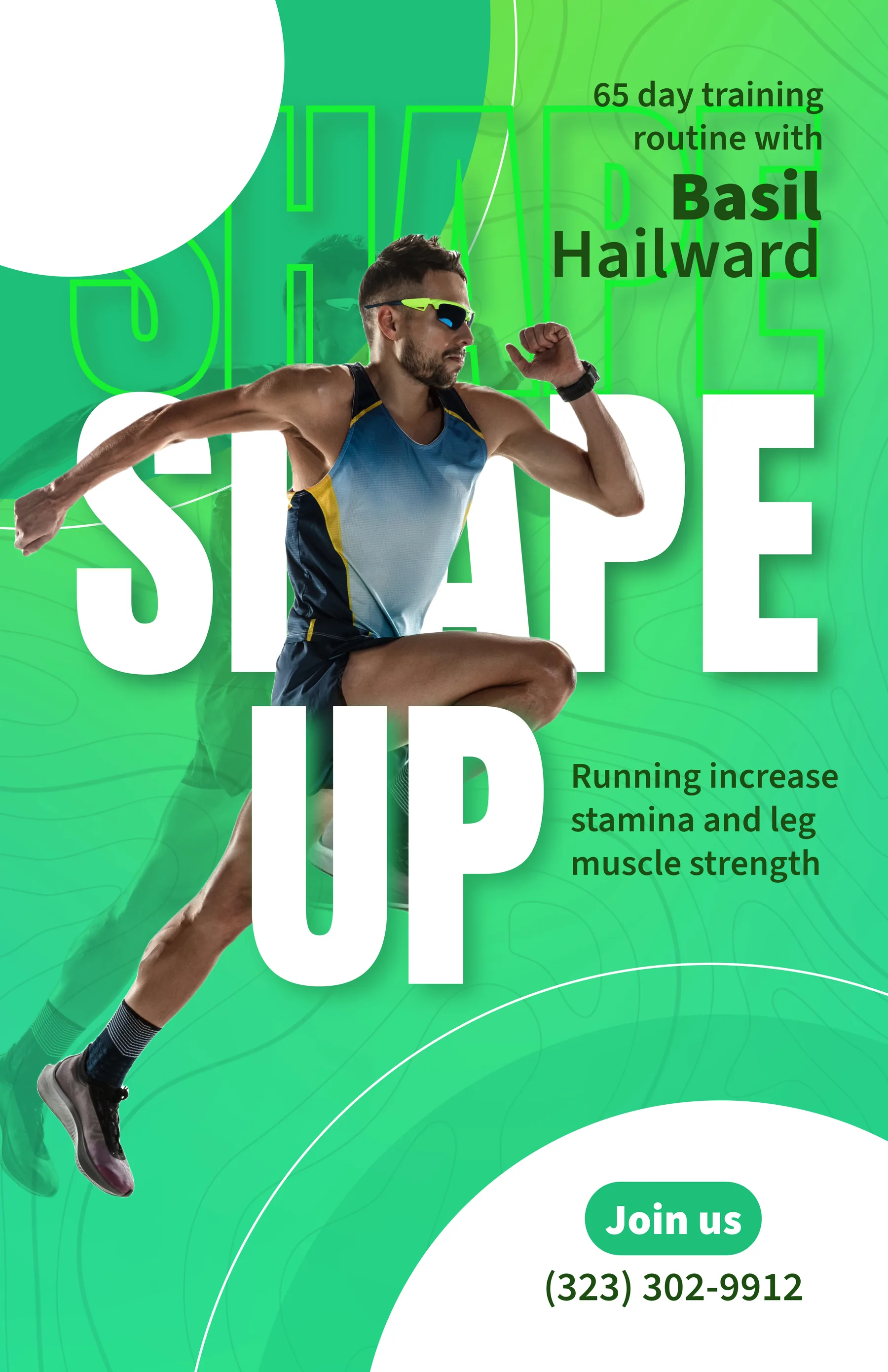 Green Shape Up fitness poster featuring a running athlete and 65-day training routine promotion.