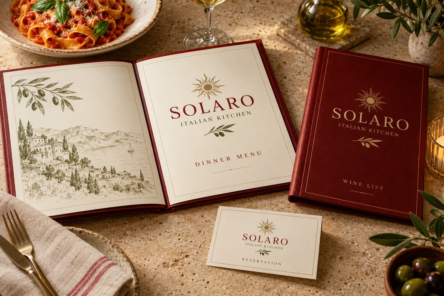 Melbourne Design Studio concept for Solaro Italian Restaurant Menu, presented as a professional restaurant menu design portfolio example.