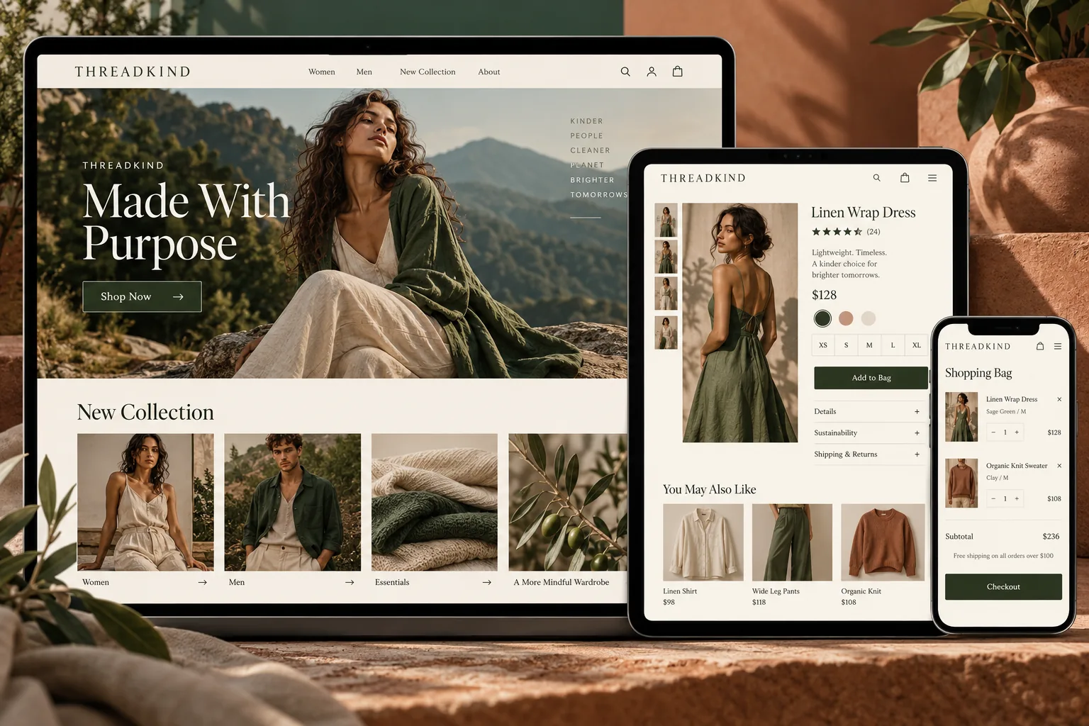 ThreadKind responsive fashion ecommerce website with collections, product details and shopping bag.
