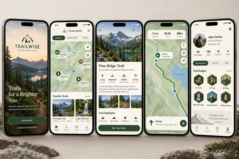 Melbourne Design Studio concept for Trailwise Hiking App Design, presented as a professional mobile app ui design portfolio example.