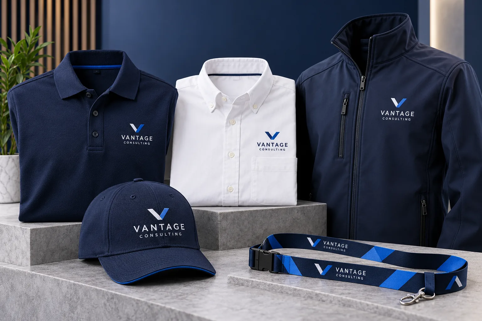 Melbourne Design Studio concept for Vantage Consulting Corporate Clothing, presented as a professional corporate apparel design portfolio example.