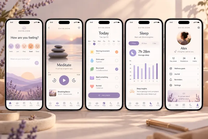 DayBloom wellness app with mood check-ins, meditation, habit tracking and sleep insights.