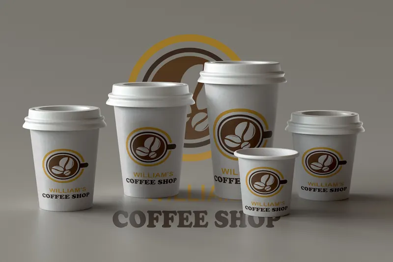William's Coffee Shop logo applied to a complete range of white takeaway cup sizes.